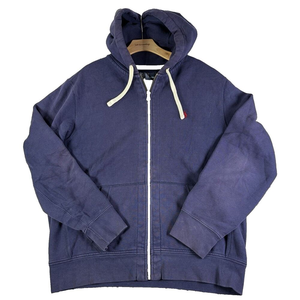 Vintage Polo Ralph Lauren Full Zip Hoodie Mens XL Navy Blue Long Sleeve Winter